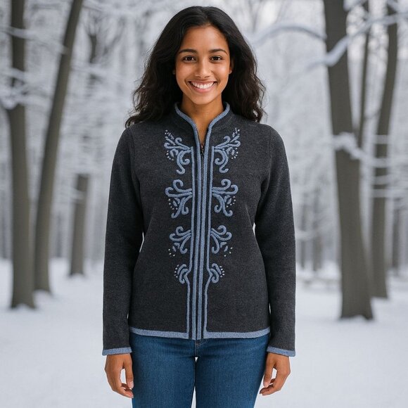 Karen Scott Petites Wool Cardigan Sweater Embroidered Zip Winter Cottagecore - Picture 5 of 8